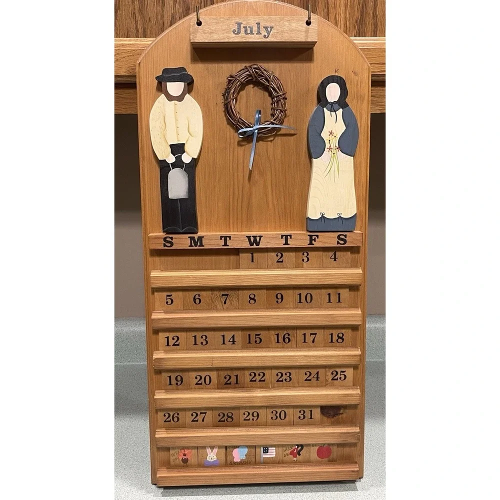 Wooden Amish Country Folk Art Hanging Perpetual Calendar Cottage Grandma Core